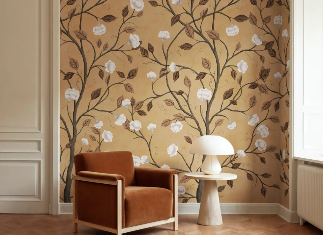Rebel Walls R21654 Botanical Gardens Silent Bloom Peach - mural w pnącza i kwiaty