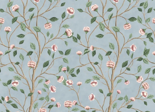 Rebel Walls R21655 Botanical Gardens Silent Bloom Blue - mural w pnącza i kwiaty