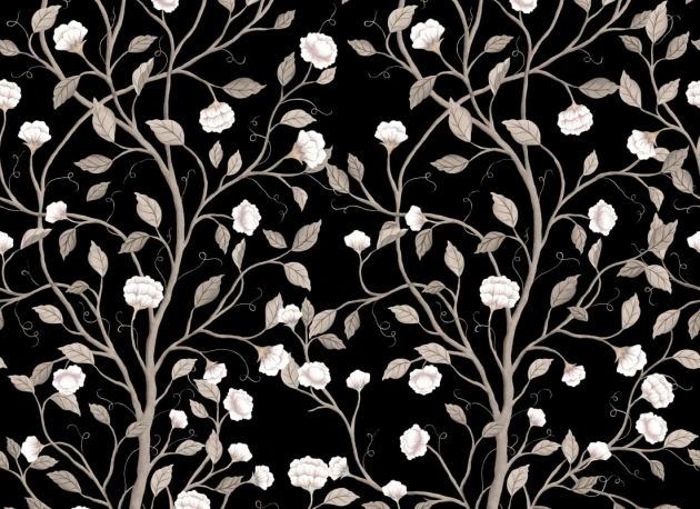 Rebel Walls R21656 Botanical Gardens Silent Bloom Black - mural w pnącza i kwiaty