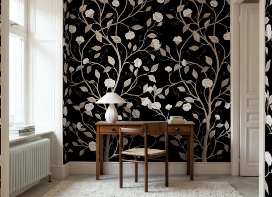Rebel Walls R21656 Botanical Gardens Silent Bloom Black - mural w pnącza i kwiaty