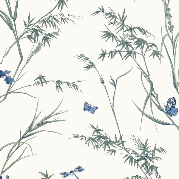 Thibaut T10528 Boxwood Virginia Blue and Green - tapeta w trawy i motyle