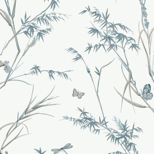 Thibaut T10529 Boxwood Virginia Cream and Aqua - tapeta w trawy i motyle