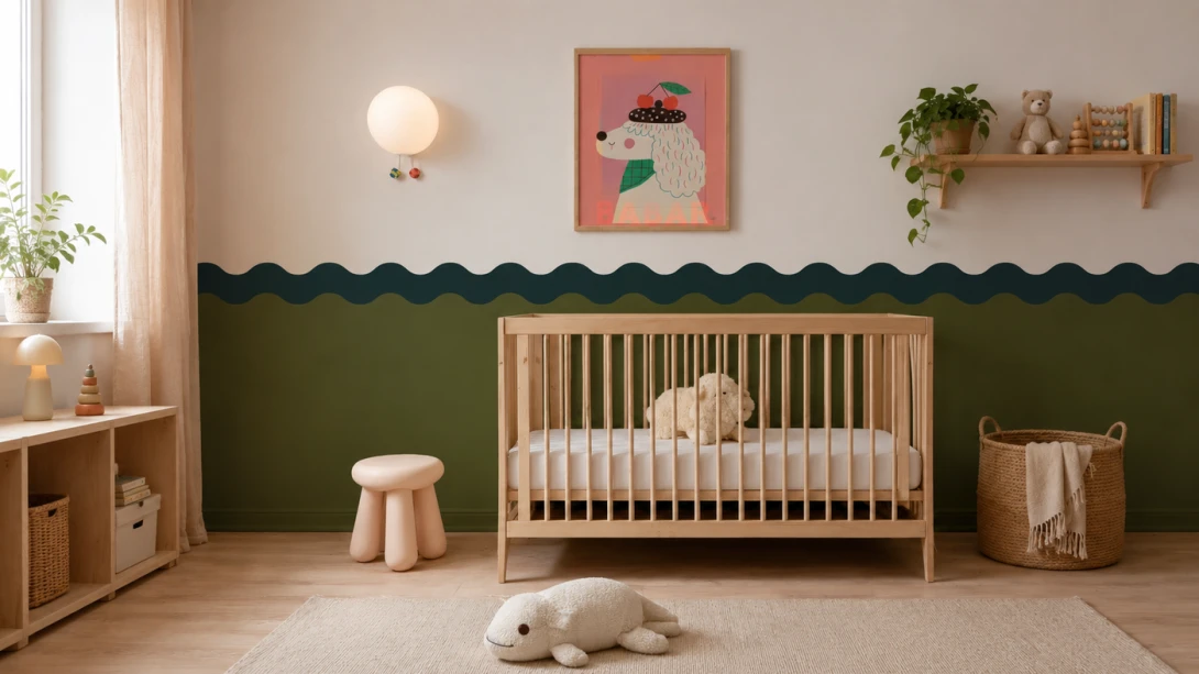 Wallcolors Pure Forms Wainscoting Double Wave Dark Deep Olive - mural imitujący boazerię nowoczesną