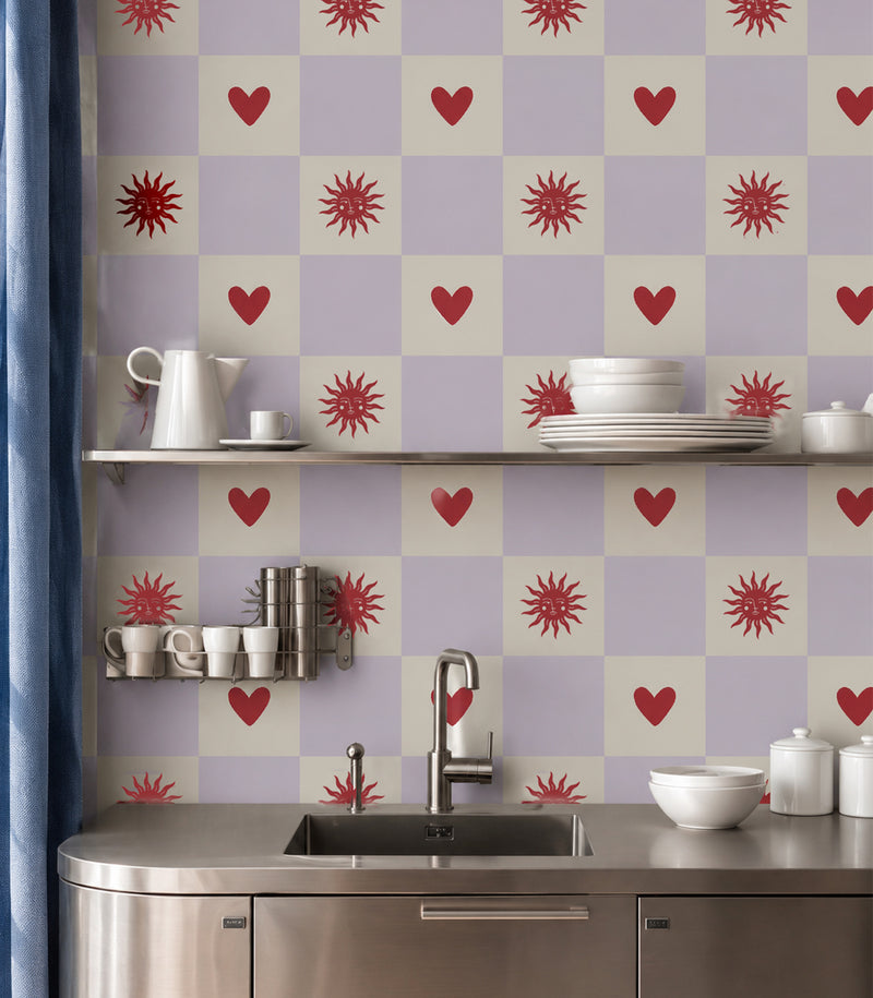 Wallcolors Pure Forms Sun and Heart Lilac Cream - tapeta w kratkę serca i słońca