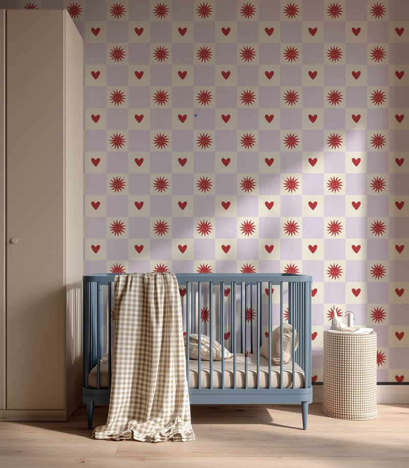 Wallcolors Pure Forms Sun and Heart Lilac Cream - tapeta w kratkę serca i słońca