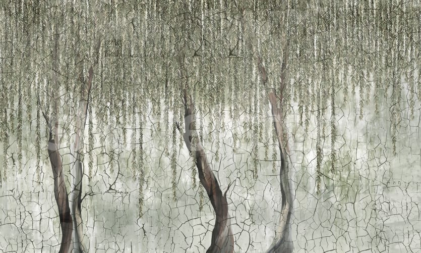 Rebel Walls R19542 Shutterstock Dream Forest - mural w drzewa z efektem spękanego tynku