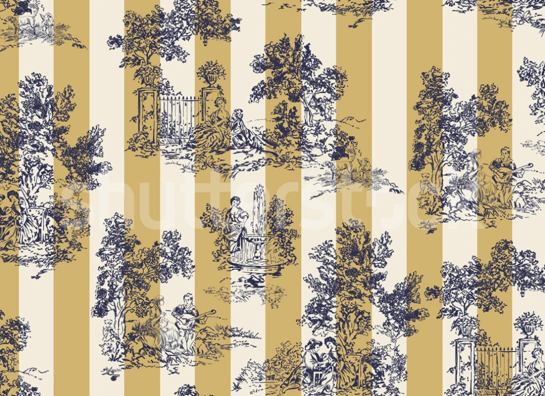 Rebel Walls R20652 Shutterstock Happy Toile Mustard - mural w pasy z motywem toile