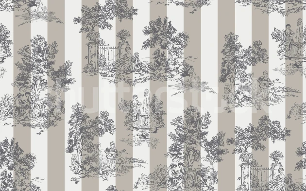 Rebel Walls R20653 Shutterstock Happy Toile Pearl - mural w pasy z motywem toile