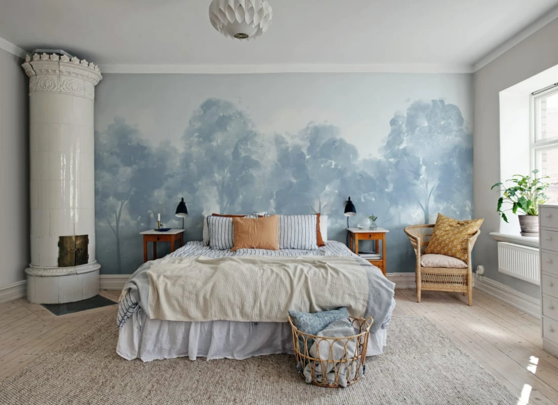 Rebel Walls R21696 Shutterstock Misty Grove Blue - mural w akwarelowy las