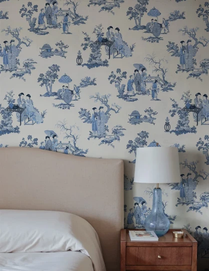Rebel Walls R21311 Sophisticated Luxe Toile Conversation Blue - mural w sceny orientalne