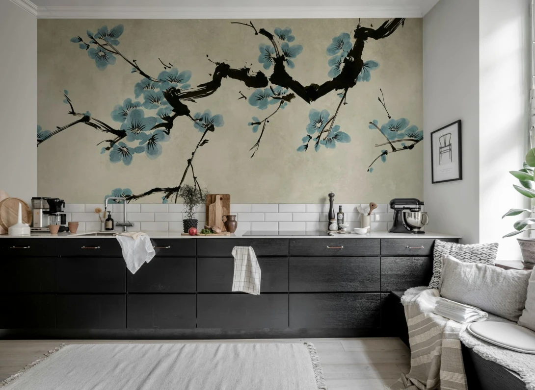Rebel Walls R21313 Sophisticated Luxe Blush of Spring Light Blue - mural w kwitnącą gałąź