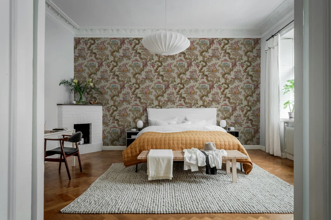 Rebel Walls R21323 Sophisticated Luxe Dragon Tree Bloom Beige - mural w smoki i kwitnące drzewa