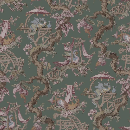 Rebel Walls R21324 Sophisticated Luxe Dragon Tree Bloom Green - mural w smoki i kwitnące drzewa