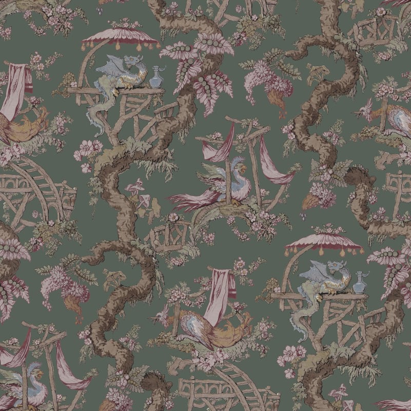 Rebel Walls R21324 Sophisticated Luxe Dragon Tree Bloom Green - mural w smoki i kwitnące drzewa