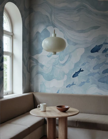 Rebel Walls R21326 Sophisticated Luxe Silent Stream Light Blue - mural w ryby i fale