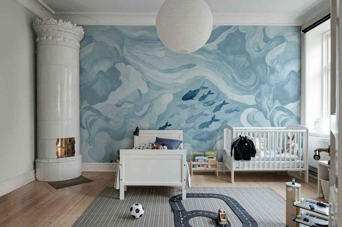 Rebel Walls R21326 Sophisticated Luxe Silent Stream Light Blue - mural w ryby i fale