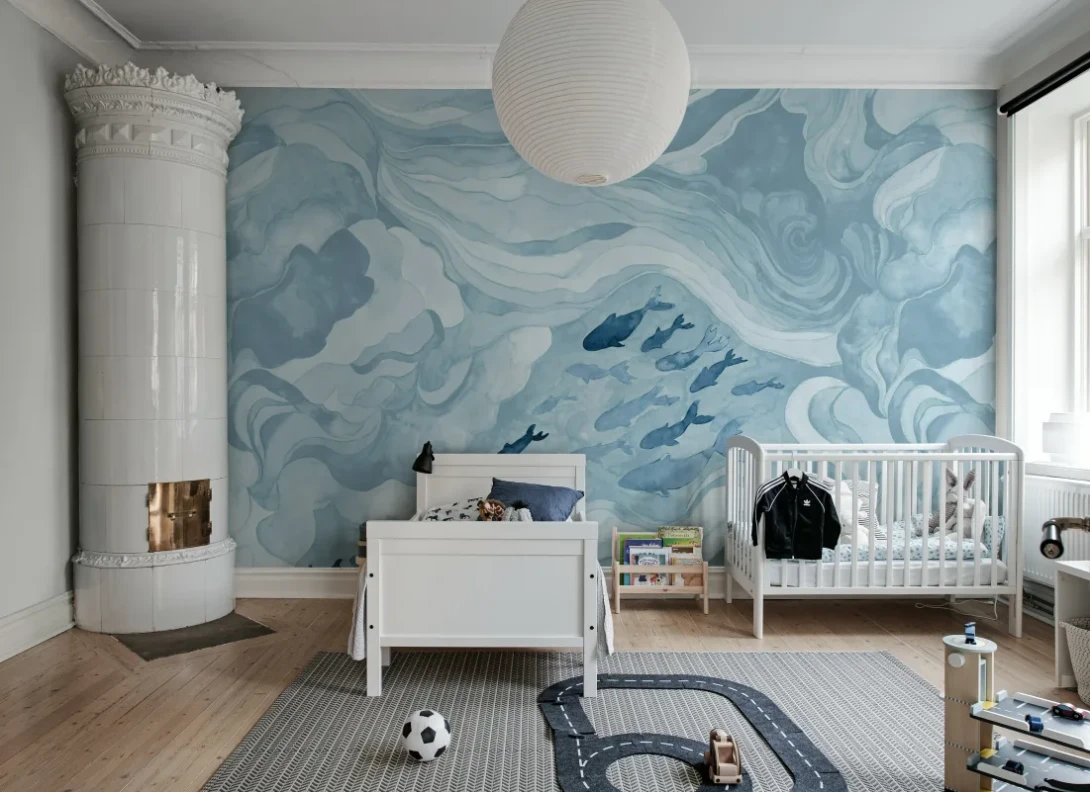 Rebel Walls R21326 Sophisticated Luxe Silent Stream Light Blue - mural w ryby i fale