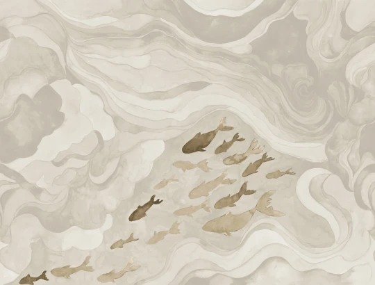 Rebel Walls R21327 Sophisticated Luxe Silent Stream Beige - mural w ryby i fale