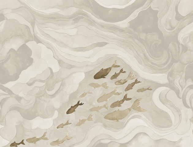 Rebel Walls R21327 Sophisticated Luxe Silent Stream Beige - mural w ryby i fale