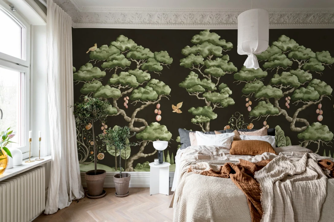 Rebel Walls R21335 Sophisticated Luxe Forest Poem Black - mural w drzewa i ptaki