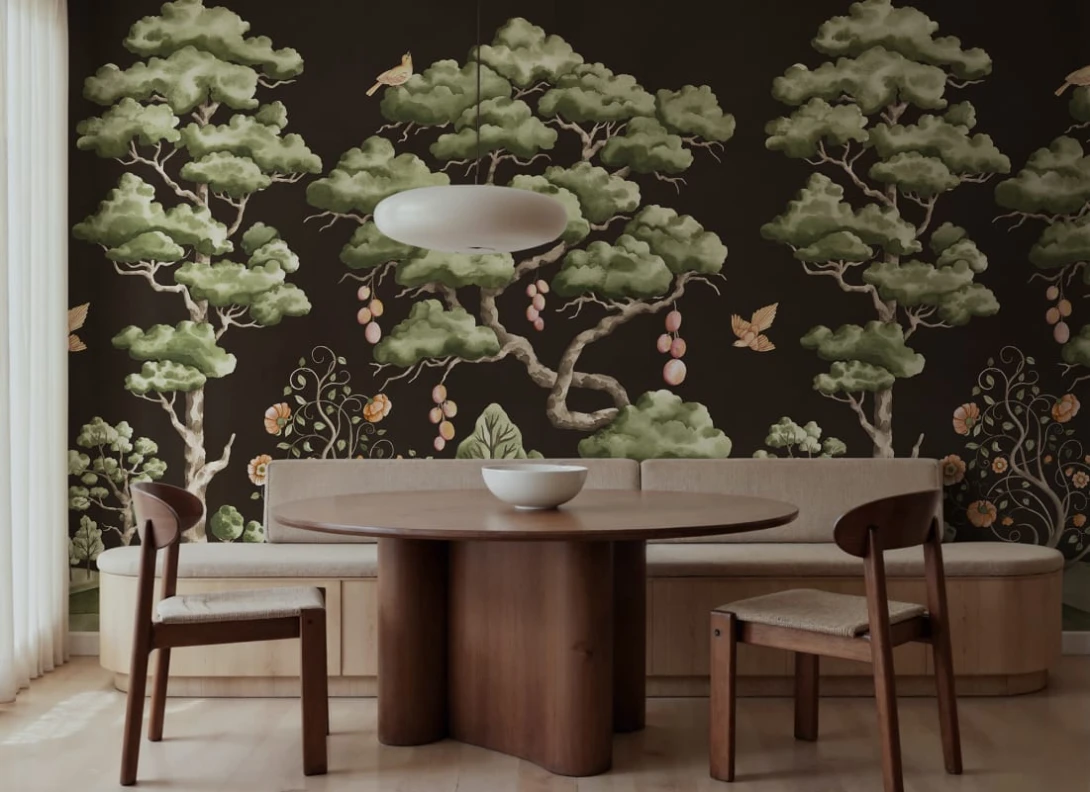 Rebel Walls R21335 Sophisticated Luxe Forest Poem Black - mural w drzewa i ptaki