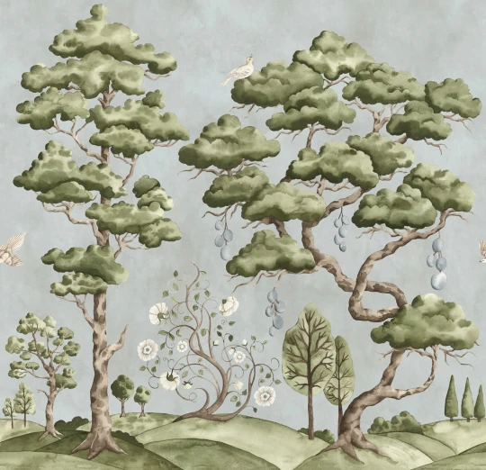 Rebel Walls R21336 Sophisticated Luxe Forest Poem Light Blue - mural w drzewa i ptaki