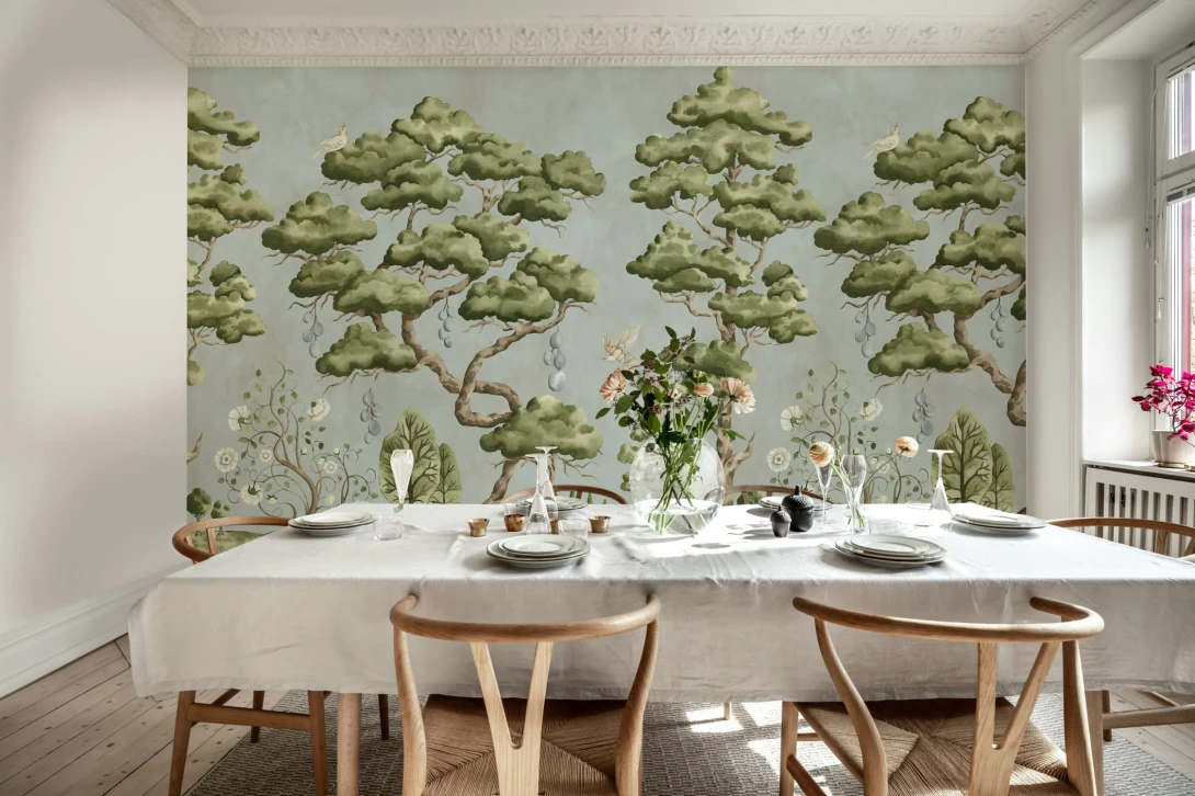 Rebel Walls R21336 Sophisticated Luxe Forest Poem Light Blue - mural w drzewa i ptaki