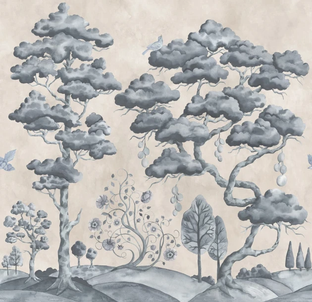 Rebel Walls R21337 Sophisticated Luxe Forest Poem Blue - mural w drzewa i ptaki