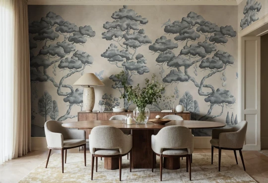 Rebel Walls R21337 Sophisticated Luxe Forest Poem Blue - mural w drzewa i ptaki