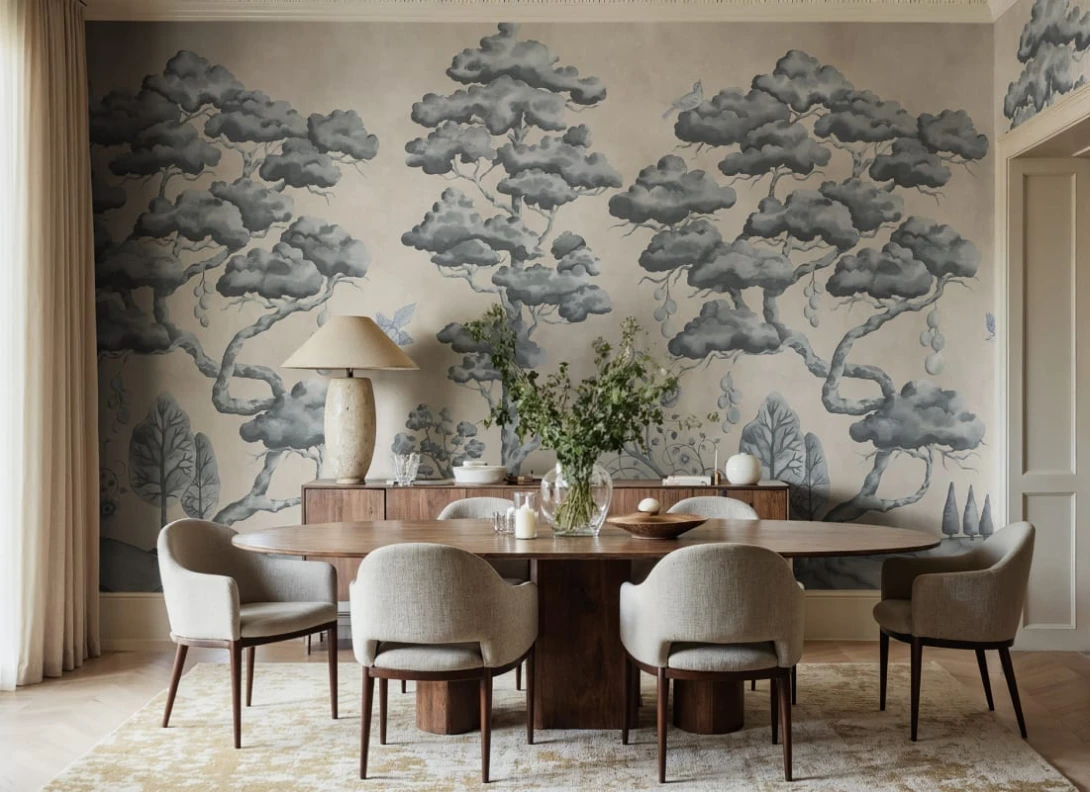 Rebel Walls R21337 Sophisticated Luxe Forest Poem Blue - mural w drzewa i ptaki