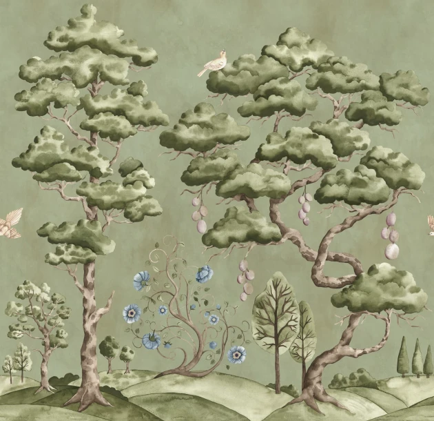 Rebel Walls R21338 Sophisticated Luxe Forest Poem Green - mural w drzewa i ptaki