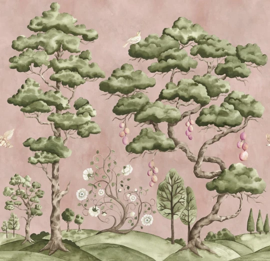 Rebel Walls R21339 Sophisticated Luxe Forest Poem Pink - mural w drzewa i ptaki
