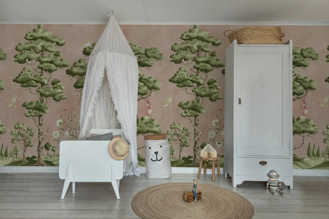 Rebel Walls R21339 Sophisticated Luxe Forest Poem Pink - mural w drzewa i ptaki