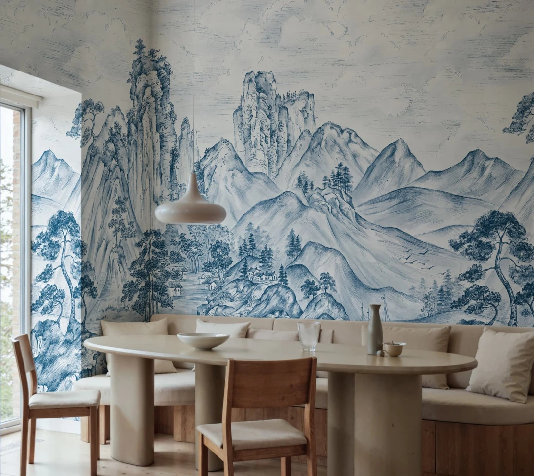 Rebel Walls R21987 Sophisticated Luxe Timeless Pines Blue - mural w górski krajobraz