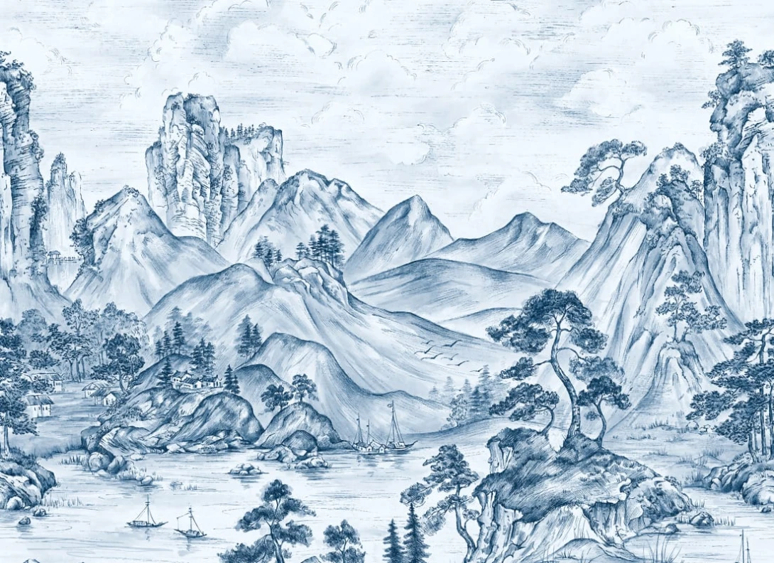 Rebel Walls R21987 Sophisticated Luxe Timeless Pines Blue - mural w górski krajobraz