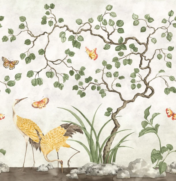 Rebel Walls R21994 Sophisticated Luxe Where Cranes Dream Beige - mural w drobne drzewa i żurawie