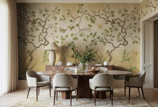 Rebel Walls R21995 Sophisticated Luxe Where Cranes Dream Yellow - mural w drobne drzewa i żurawie