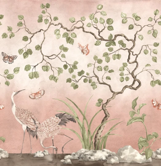 Rebel Walls R21996 Sophisticated Luxe Where Cranes Dream Pink - mural w drobne drzewa i żurawie