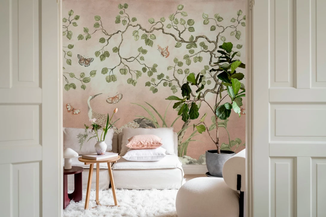 Rebel Walls R21996 Sophisticated Luxe Where Cranes Dream Pink - mural w drobne drzewa i żurawie