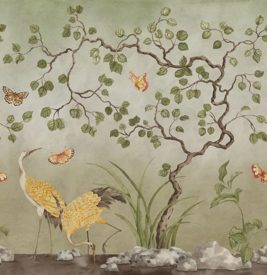 Rebel Walls R21997 Sophisticated Luxe Where Cranes Dream Green - mural w drobne drzewa i żurawie