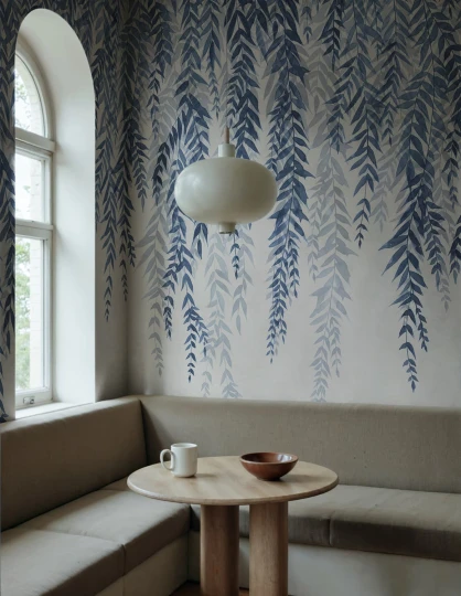 Rebel Walls R22013 Sophisticated Luxe Whispers of Bamboo Blue - mural w kaskadę liści