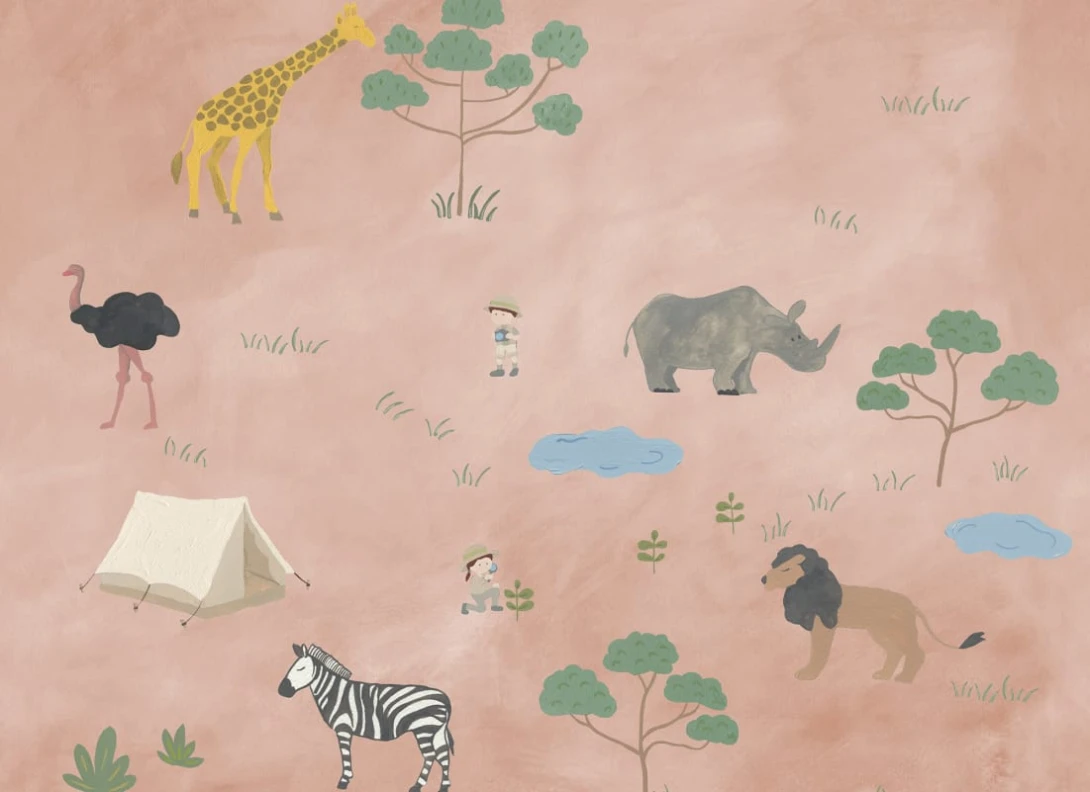 Rebel Walls R20599 Family Fun Animal Safari Pink - mural dziecięcy w zwierzęta safari