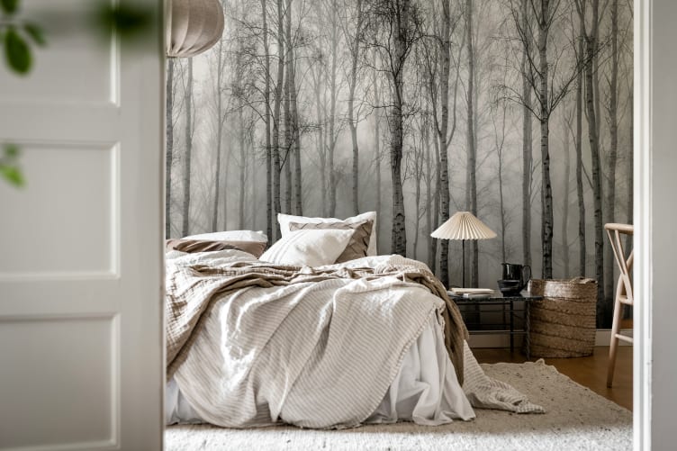 Rebel Walls R18847 Mystic Shades Birch Fog Black & White - mural w drzewa we mgle
