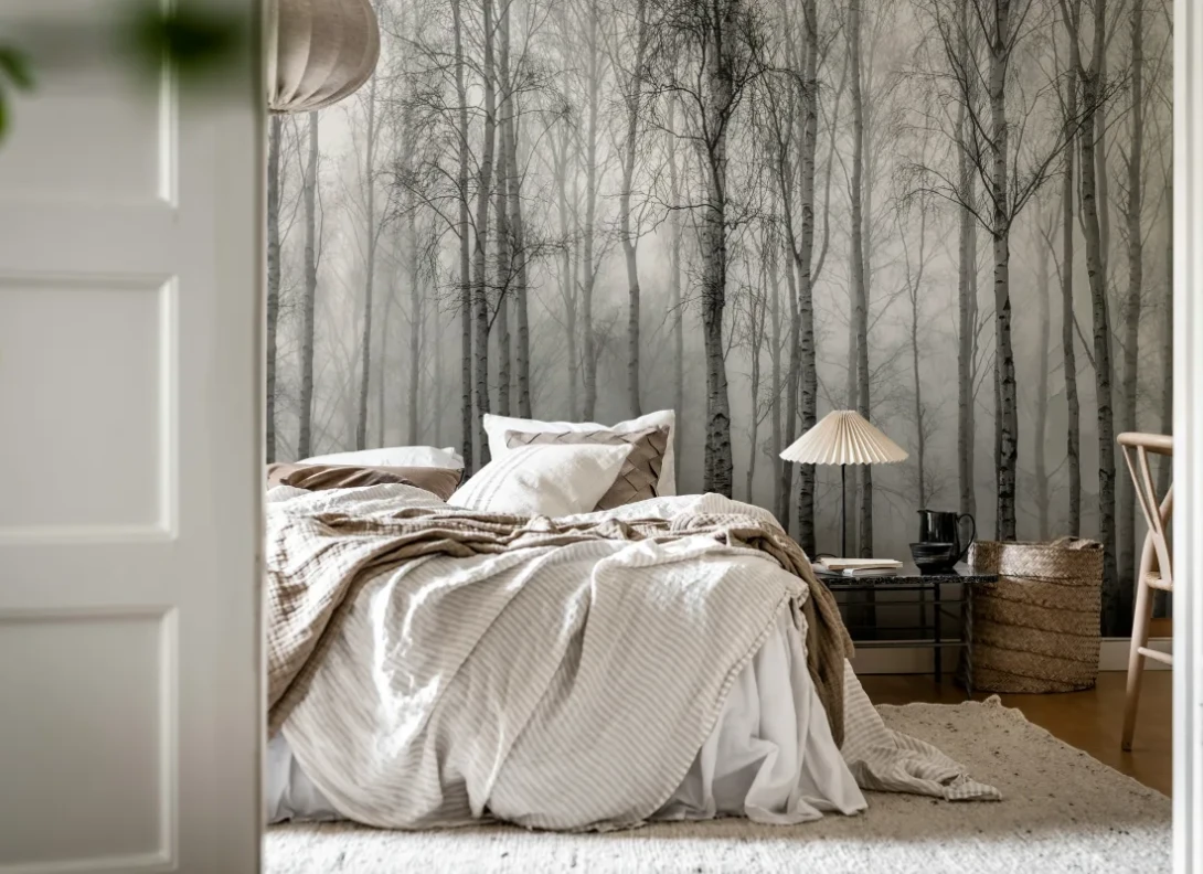 Rebel Walls R18847 Mystic Shades Birch Fog Black & White - mural w drzewa we mgle