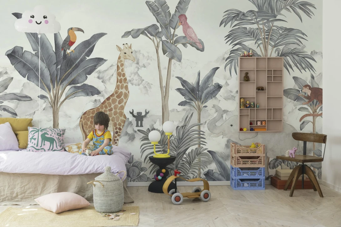 Rebel Walls R18900 Pops Friends of the Jungle Blue - mural dziecięcy w dżunglę