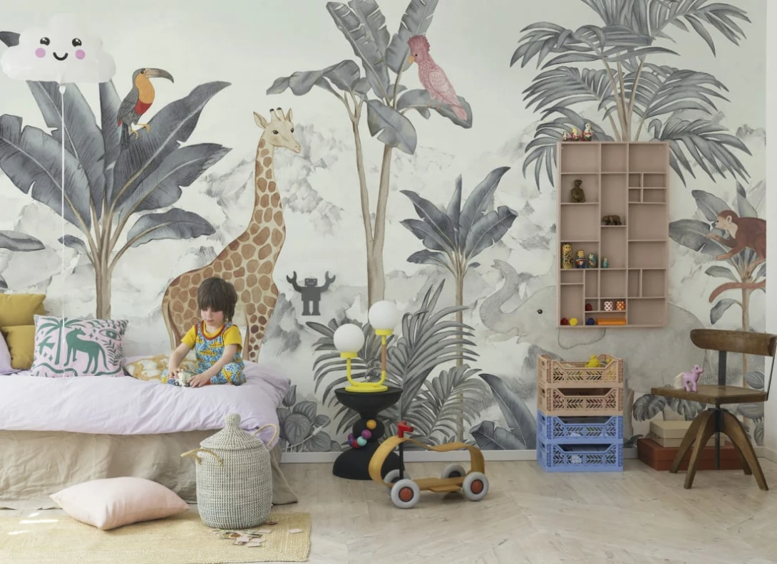 Rebel Walls R18900 Pops Friends of the Jungle Blue - mural dziecięcy w dżunglę