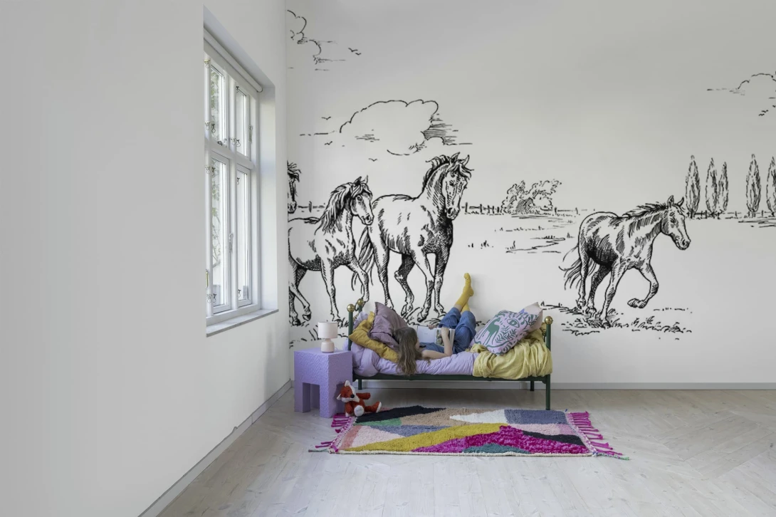 Rebel Walls R18903 Pops Horses Herd Grand Black - mural w konie