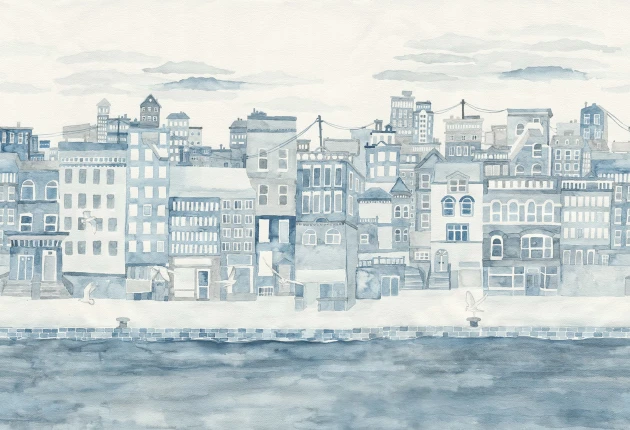Rebel Walls R18904 Pops Harbor Blue - mural w miasteczko nad morzem