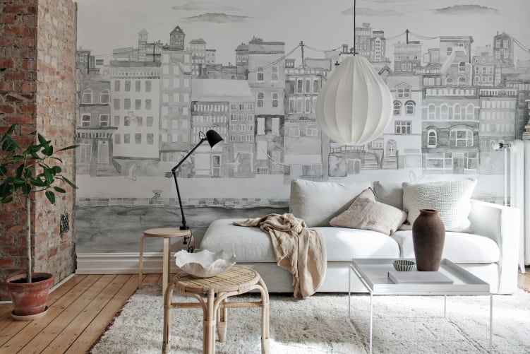 Rebel Walls R18905 Pops Harbor Gray - mural w miasteczko nad morzem