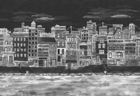 Rebel Walls R18906 Pops Harbor Black - mural w miasteczko nad morzem